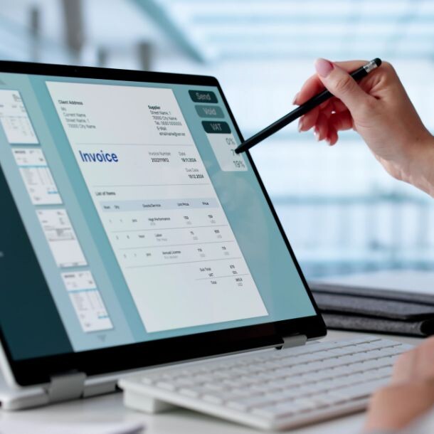 Person writing on a computer with a pen