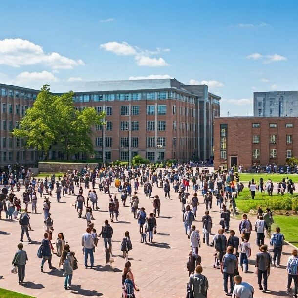 Wide shot of an educational building with the open area filled with students walking to/from it.