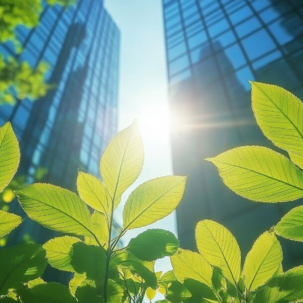 The sun shining in between two skyscrapers, all beinhind green leafs.