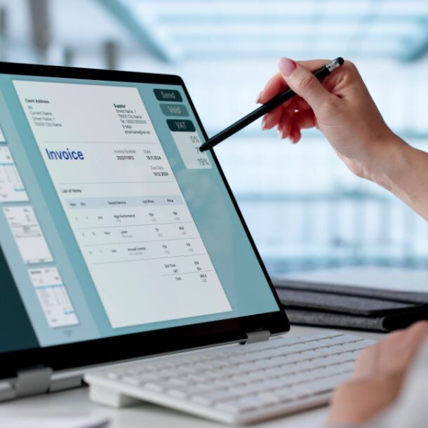 Person scrolling on laptop with a pen lookng at an invoice