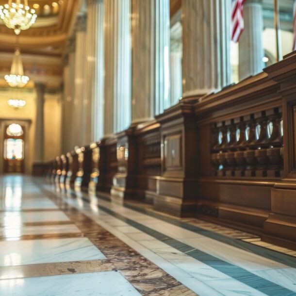 Shot from the ground up, an official-looking lobby, with stone columns and wooden supports.