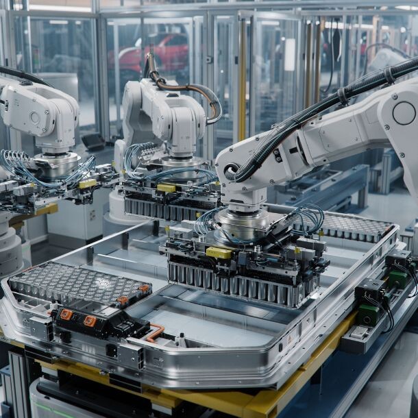 Automated mechanic arms work in manufacturing in what seems to be an automotive plant.