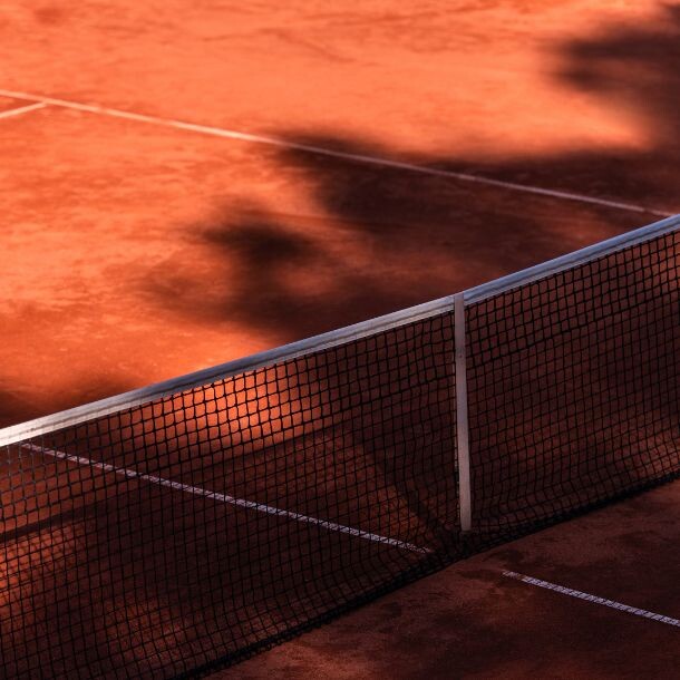 A clay tennis court focusing specifically on the net.