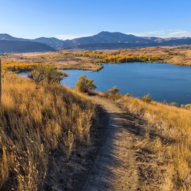 Wide shot of a lake surrounded by yellow-colored vegetation; at the back there is a set of mountains.
