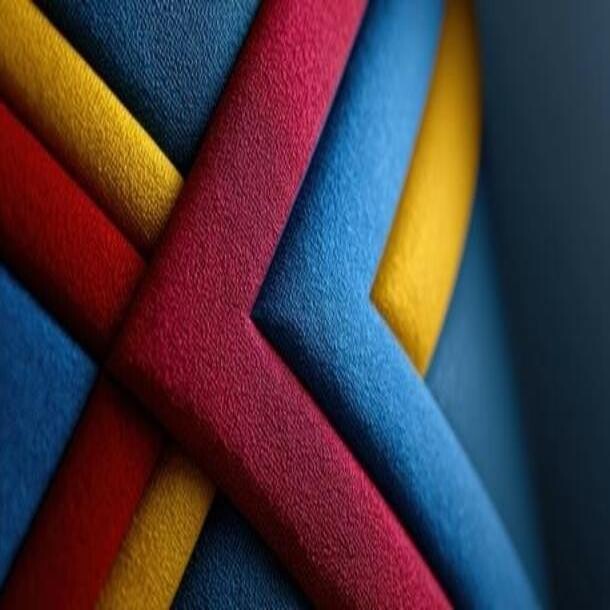 Abstract close-up of interwoven textured bands in red, blue, and yellow forming a geometric pattern.