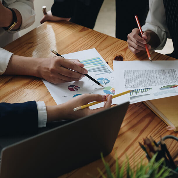 Group of business advisors presenting an investment plan to clients.