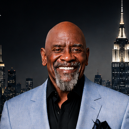 Portrait of a smiling bald man with a gray goatee wearing a light blue patterned blazer over a black shirt, standing against a nighttime New York City skyline with the Empire State Building illuminated in the background.